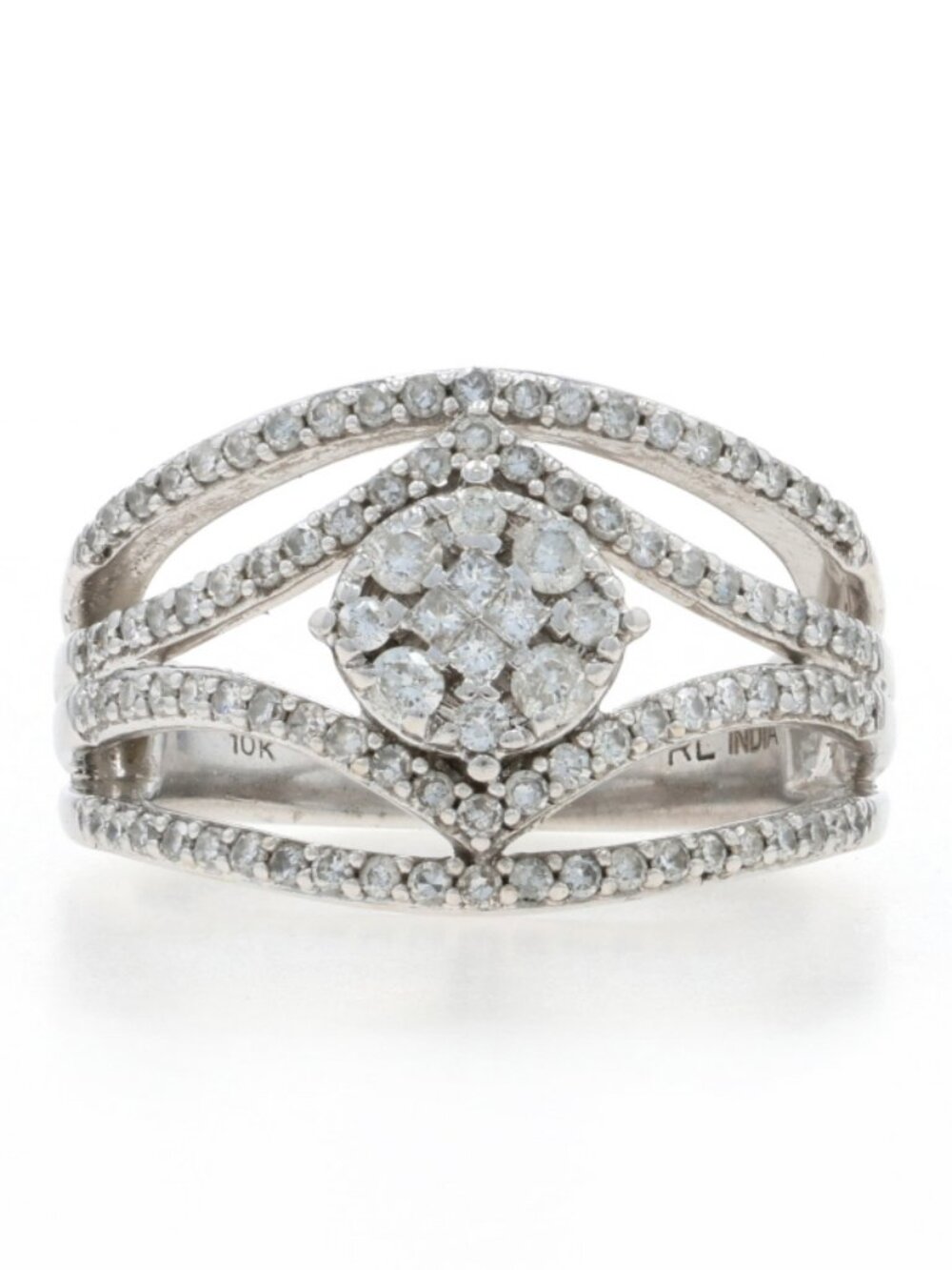 White Gold Diamond Cluster Ring - 10k Princess & Round .62ctw Floral